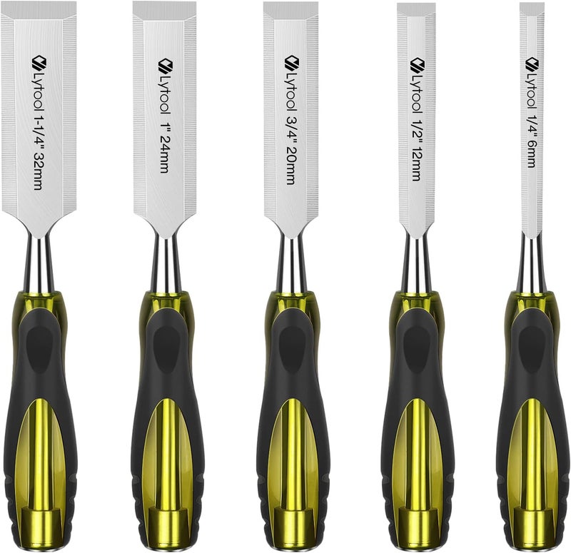Lytool 5 Piece Wood Chisels Set, Wood Working Chisel Set for Woodworking, Carpentry, CR-V Steel Beveled Edge Blade, Wood Chisels for Woodcarving, Mortise,1/4", 1/2", 3/4", 1", 1-1/4" - Image 1